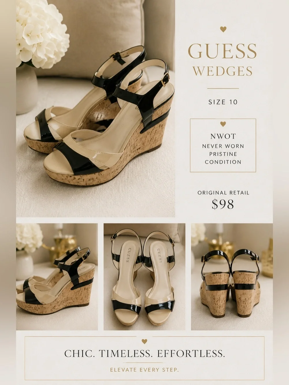 Guess Black Patent and Beige Cork Wedge Sandals